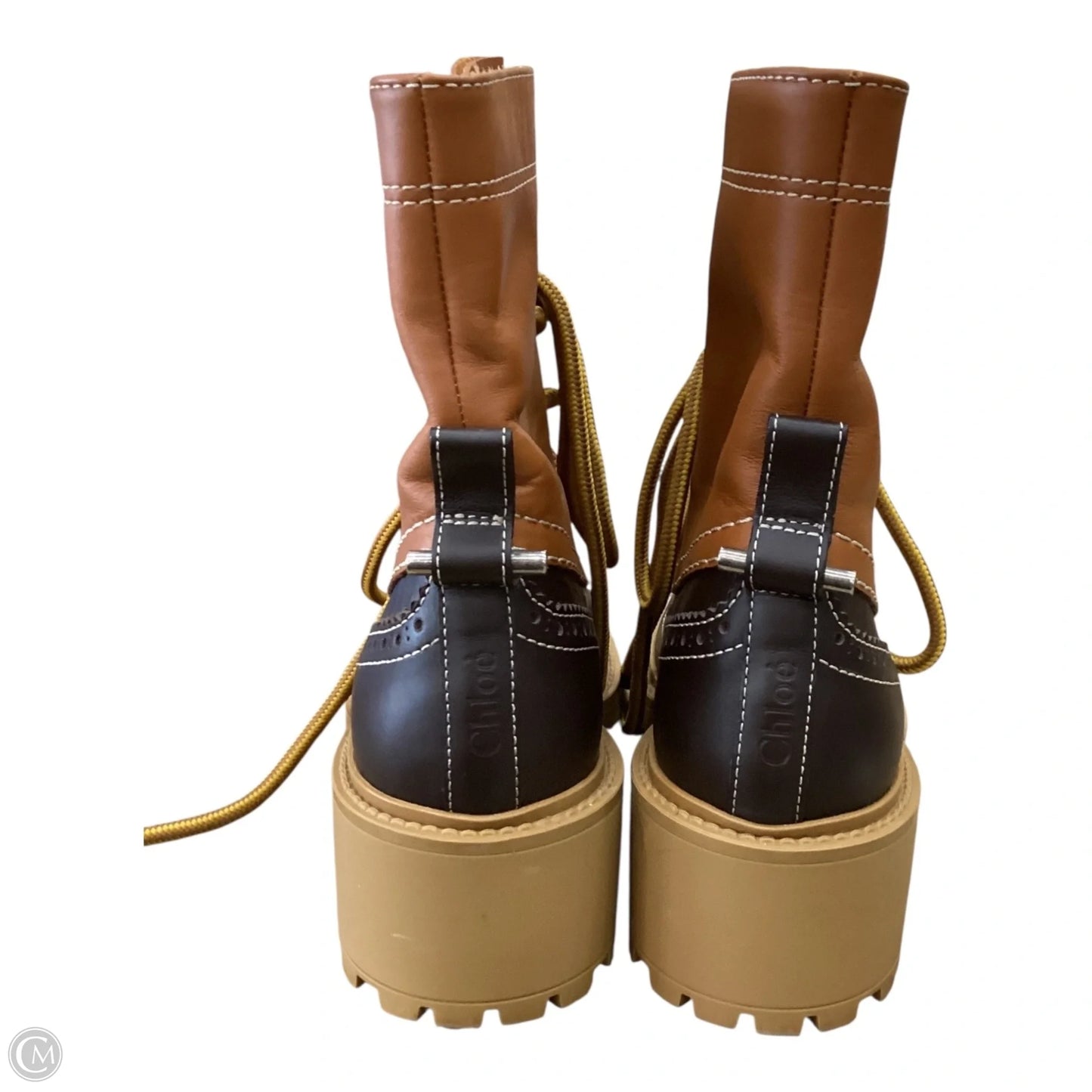 Boots Luxury Designer By Chloe In Brown & Tan, Size: 7.5