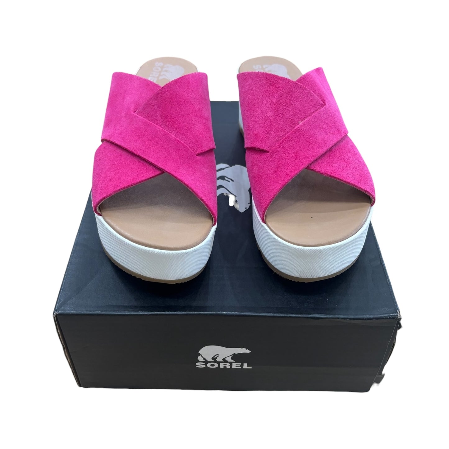 Sandals Heels Wedge By Sorel In Pink & White, Size:7.5
